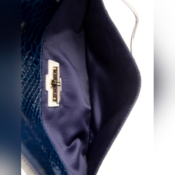 Henri bendel navy blue crocodile embossed leather clutch shoulder bag - Picture 3 of 4